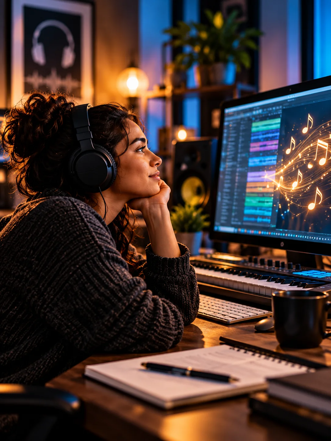 Music listener using headphones while exploring music ideas on a computer